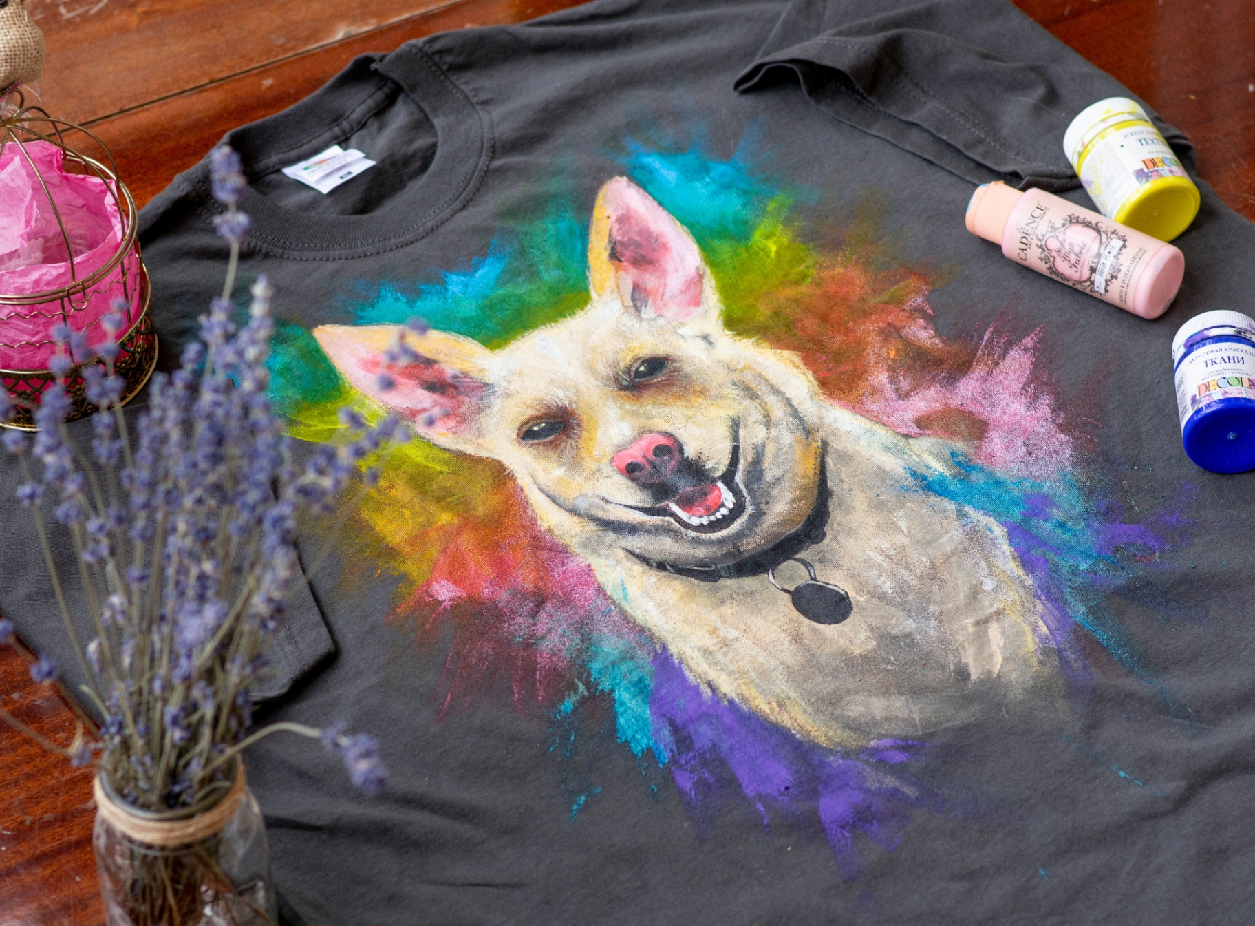 Colorful custom apparel and printed products lined up